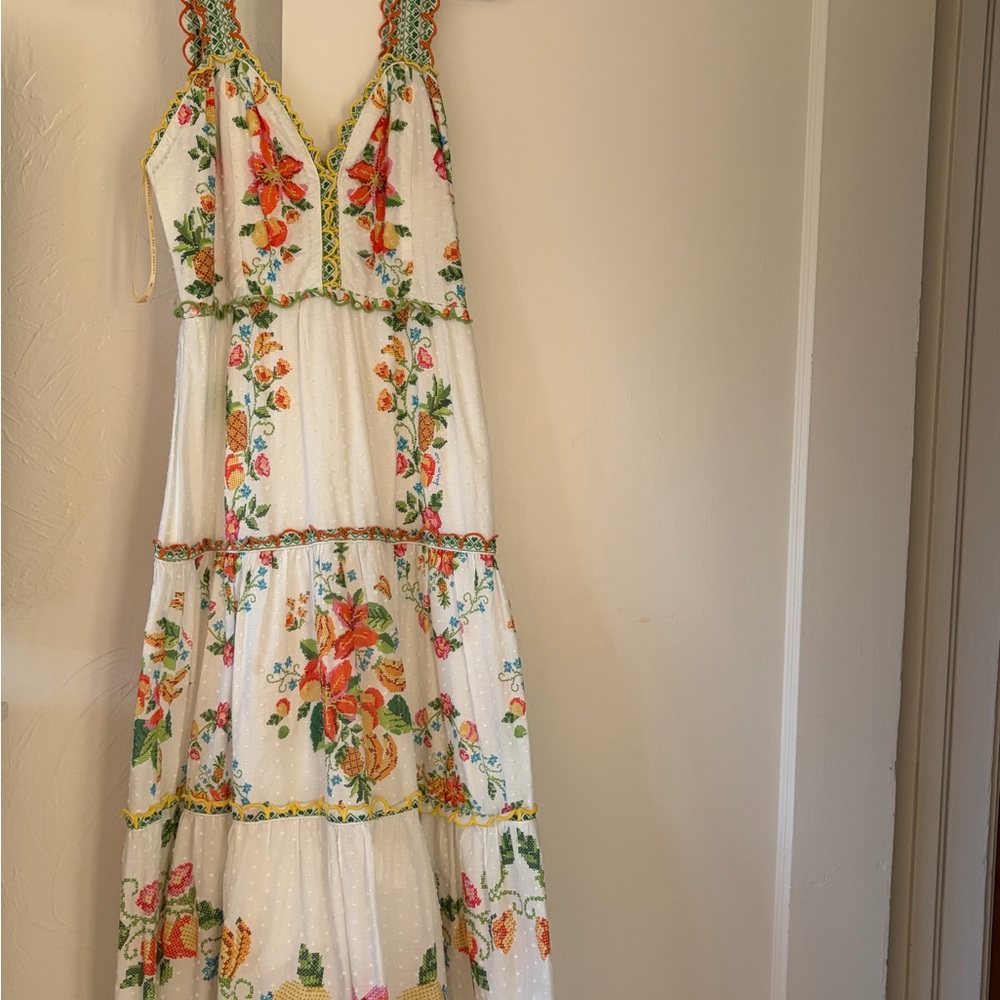 FARM Rio White Maxi Dress with Orange, Green & Pink Floral Embroidery